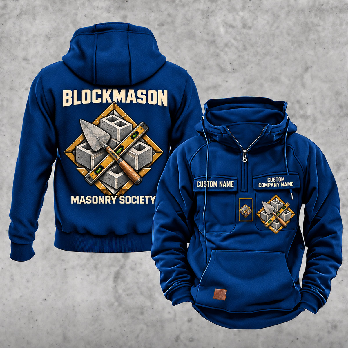 Blockmason Masonry Society Vintage Hoodie Dark Blue front and back