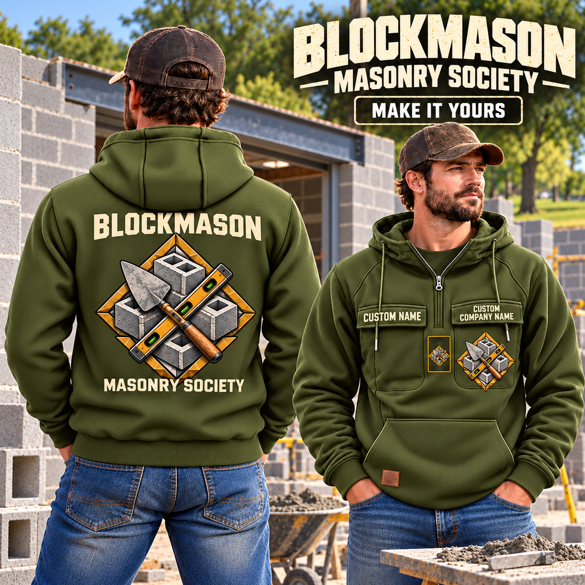 Blockmason Masonry Society Vintage Hoodie Olive Green listing hero