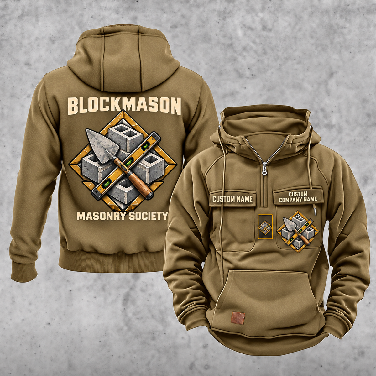Blockmason Masonry Society Vintage Hoodie Khaki front and back