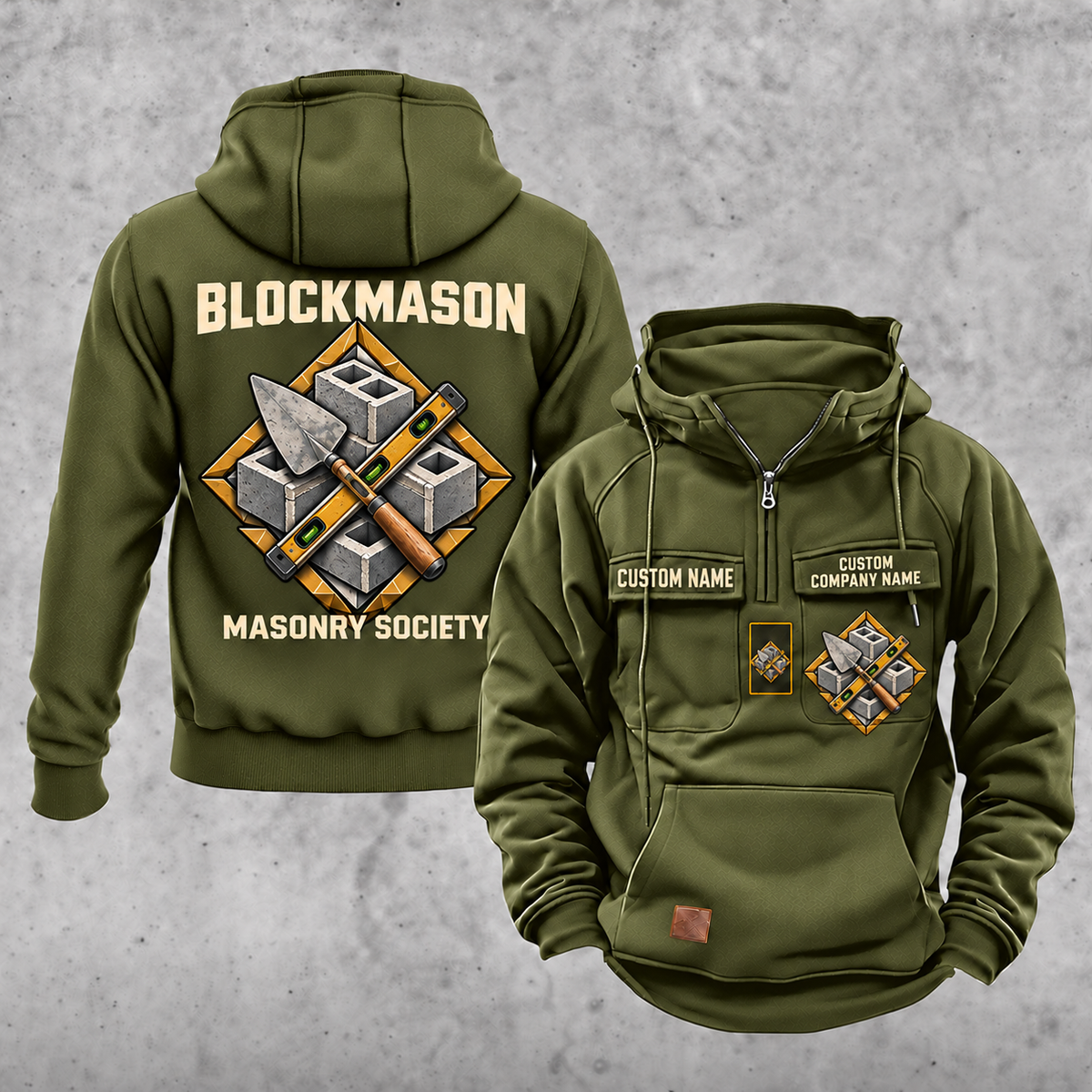 Blockmason Masonry Society Vintage Hoodie Olive Green front and back