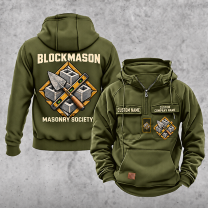 Blockmason Masonry Society Vintage Hoodie Olive Green front and back