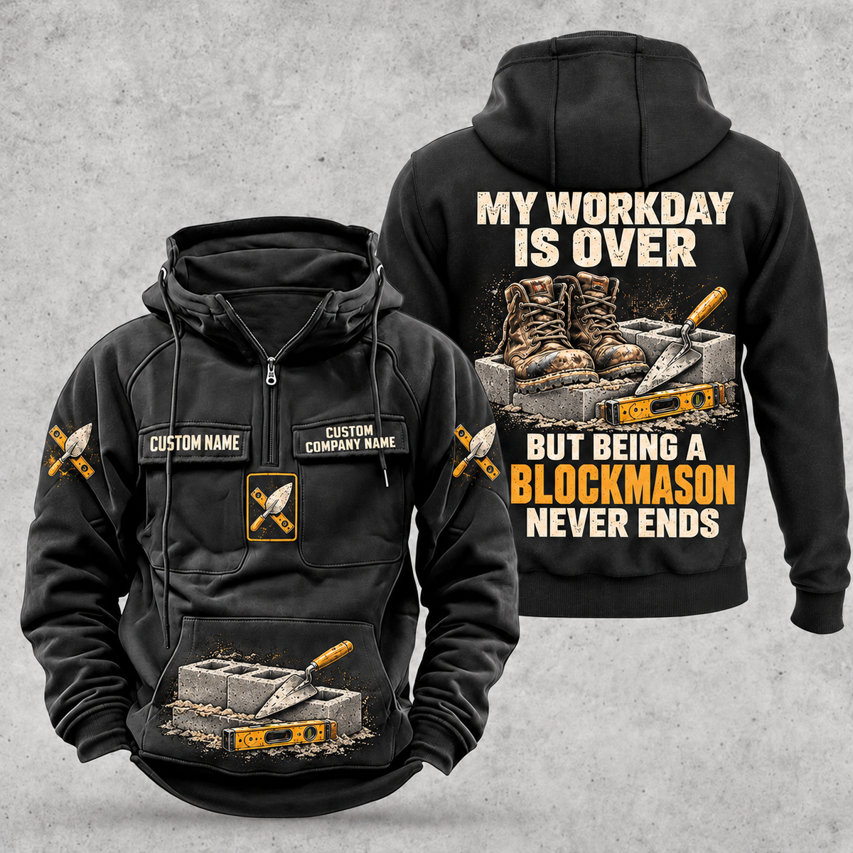 Blockmason Never Ends Vintage Hoodie Black front and back