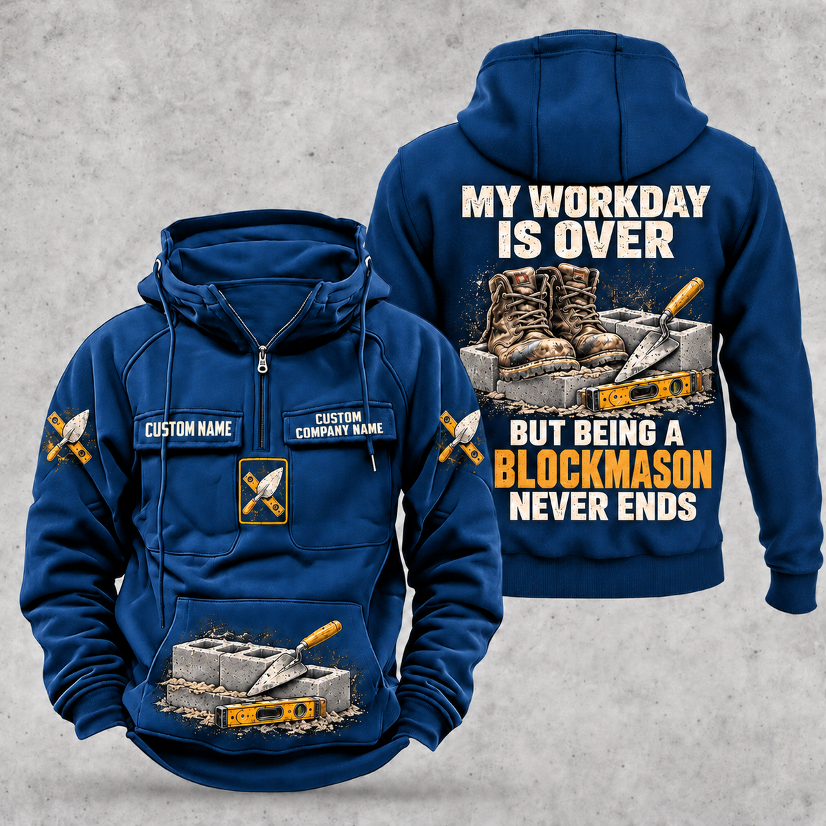 Blockmason Never Ends Vintage Hoodie Dark Blue front and back