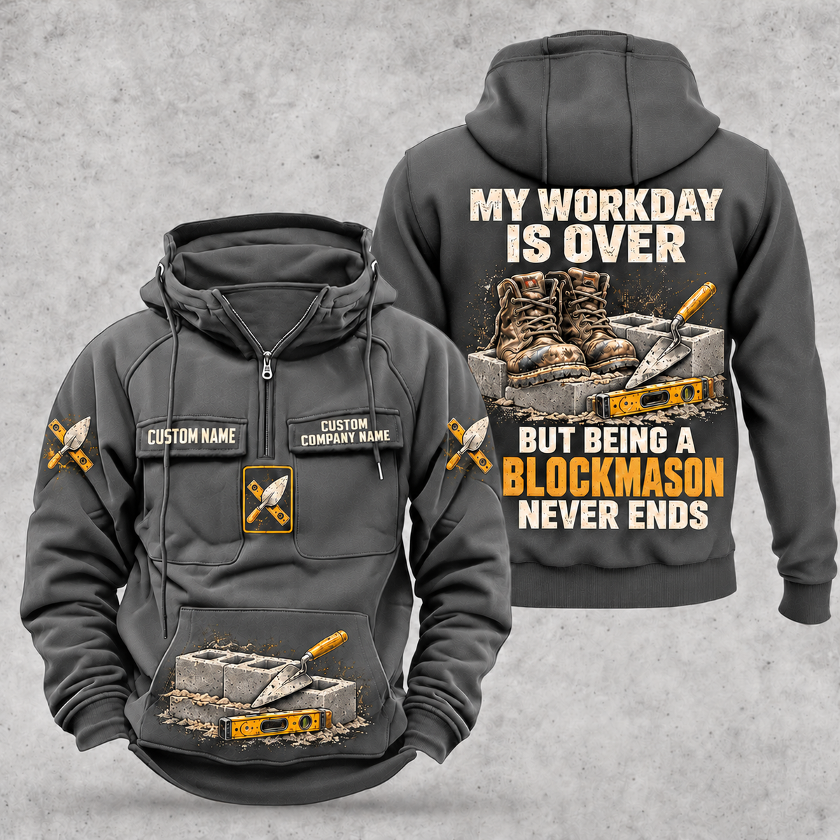 Blockmason Never Ends Vintage Hoodie Dark Gray front and back