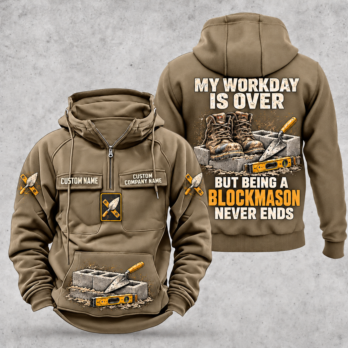 Blockmason Never Ends Vintage Hoodie Kaki front and back