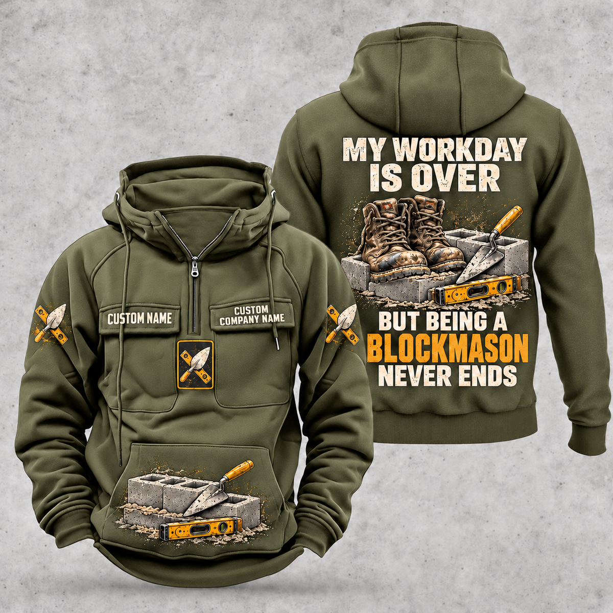 Blockmason Never Ends Vintage Hoodie Military Green front and back