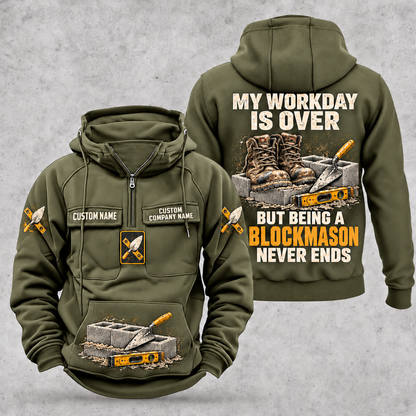 Blockmason Never Ends Vintage Hoodie Military Green front and back