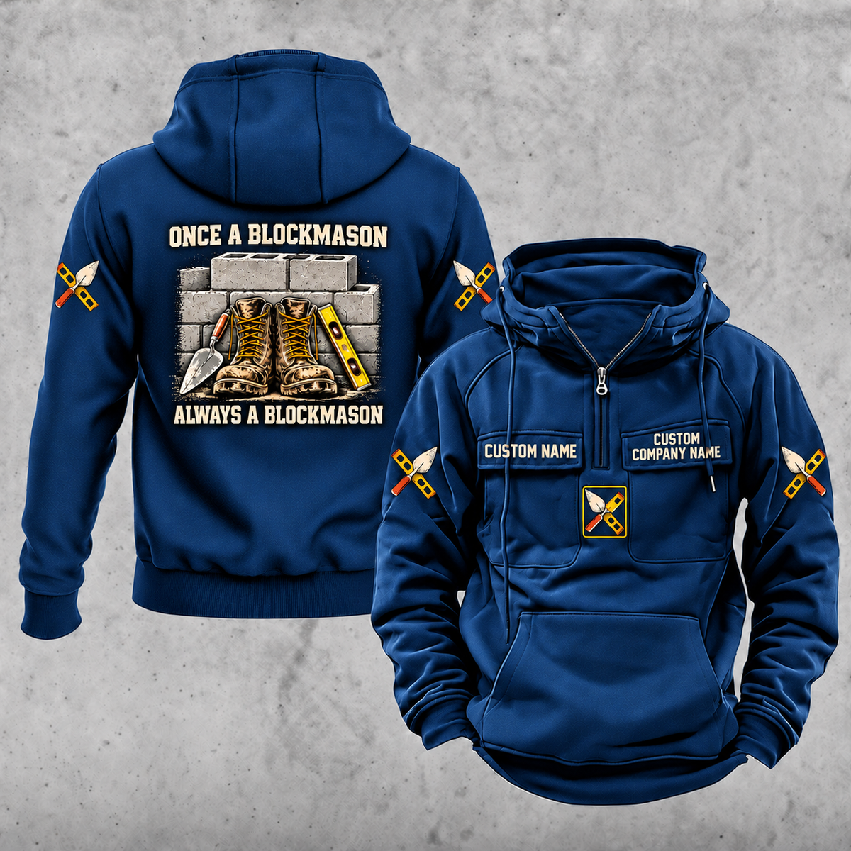 Blockmason Once and Always Vintage Hoodie Dark Blue front and back