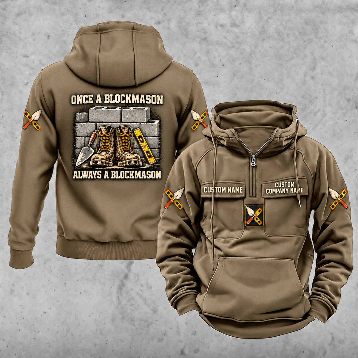 Blockmason Once and Always Vintage Hoodie Kaki front and back