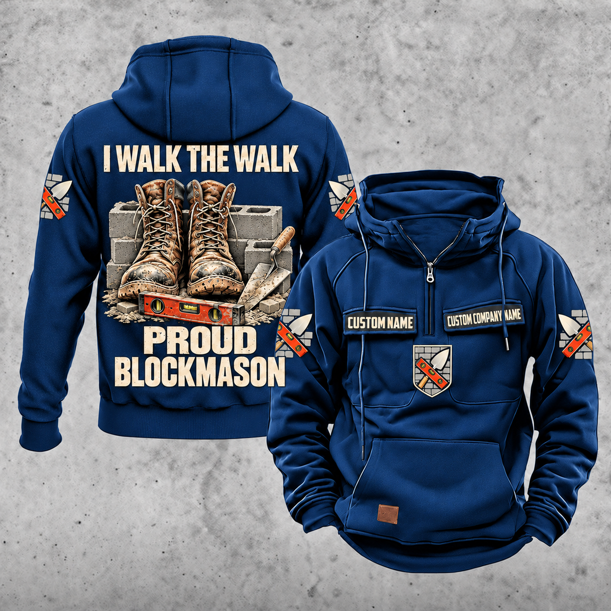 Blockmason Proud Walk Vintage Hoodie Dark Blue front and back