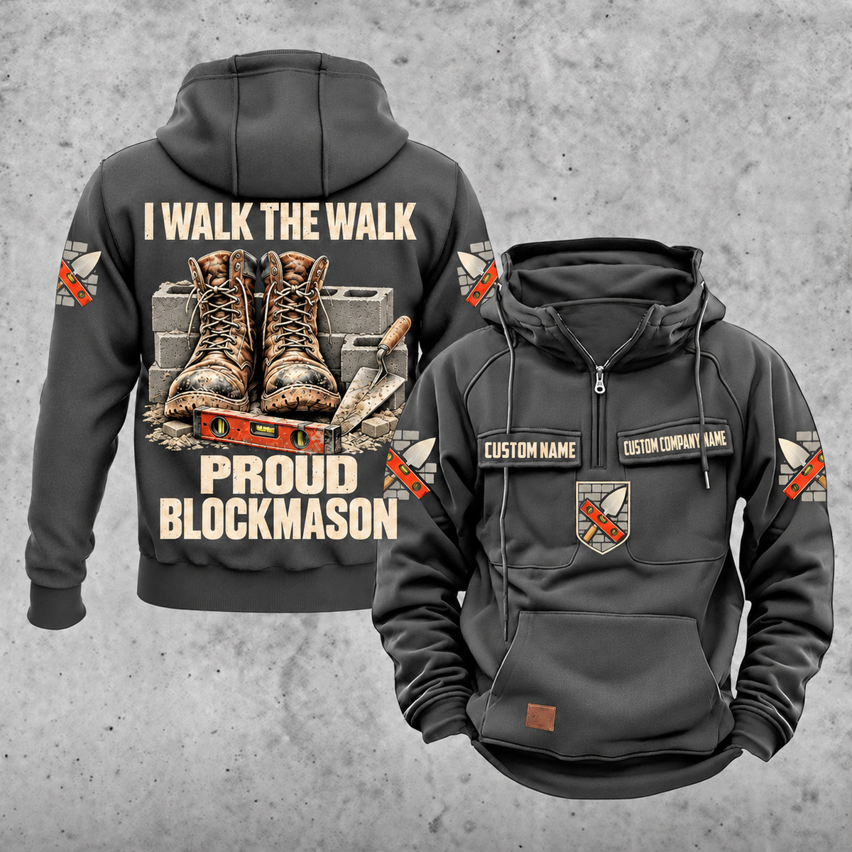 Blockmason Proud Walk Vintage Hoodie Dark Gray front and back
