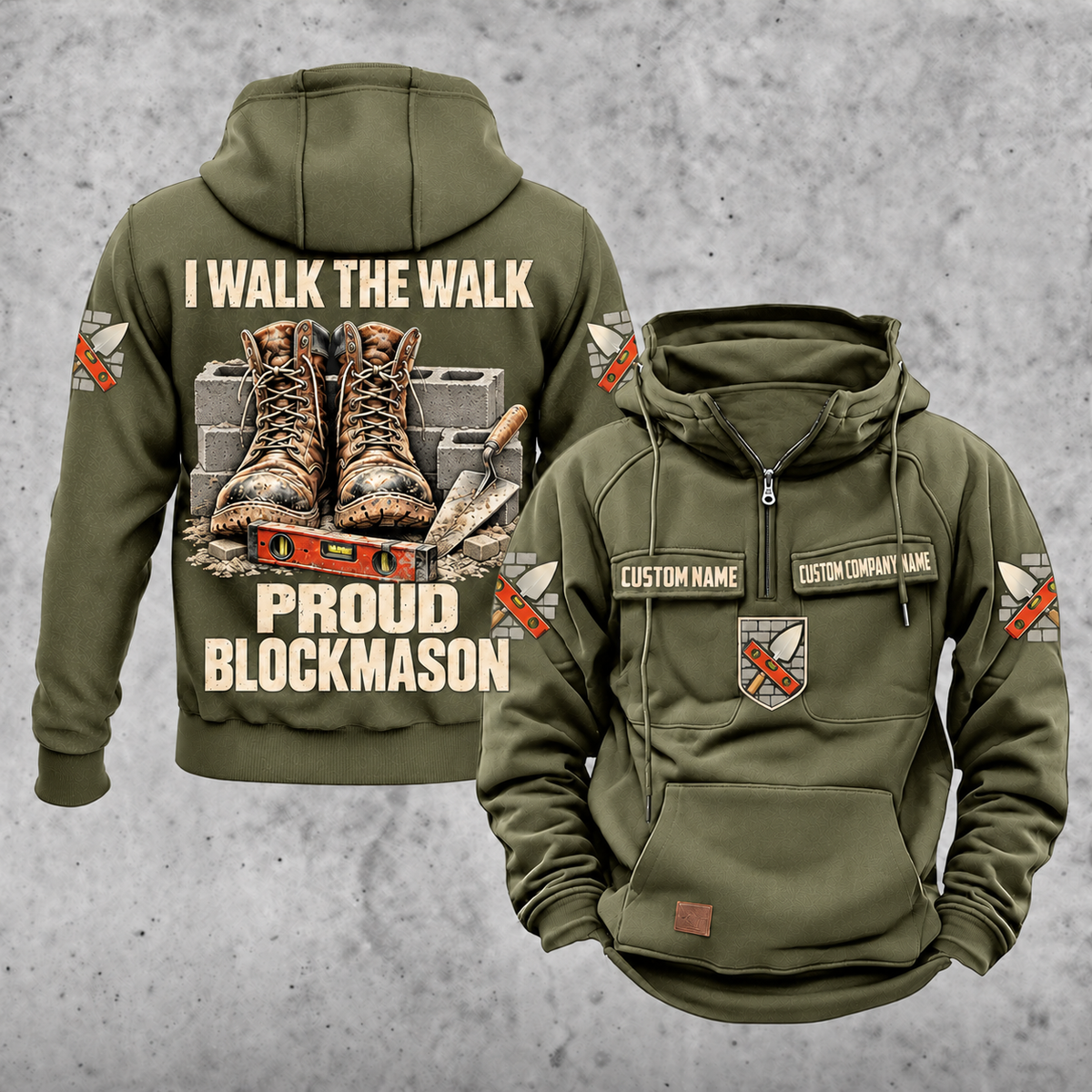 Blockmason Proud Walk Vintage Hoodie Military Green front and back