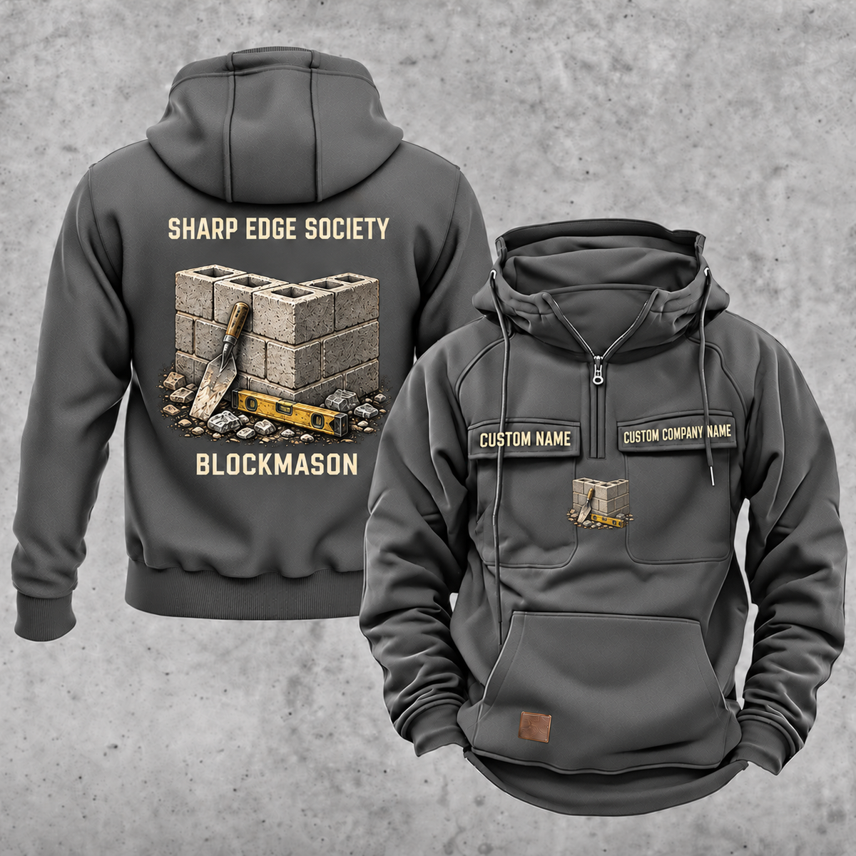 Blockmason Sharp Edge Society Vintage Hoodie Dark Gray front and back