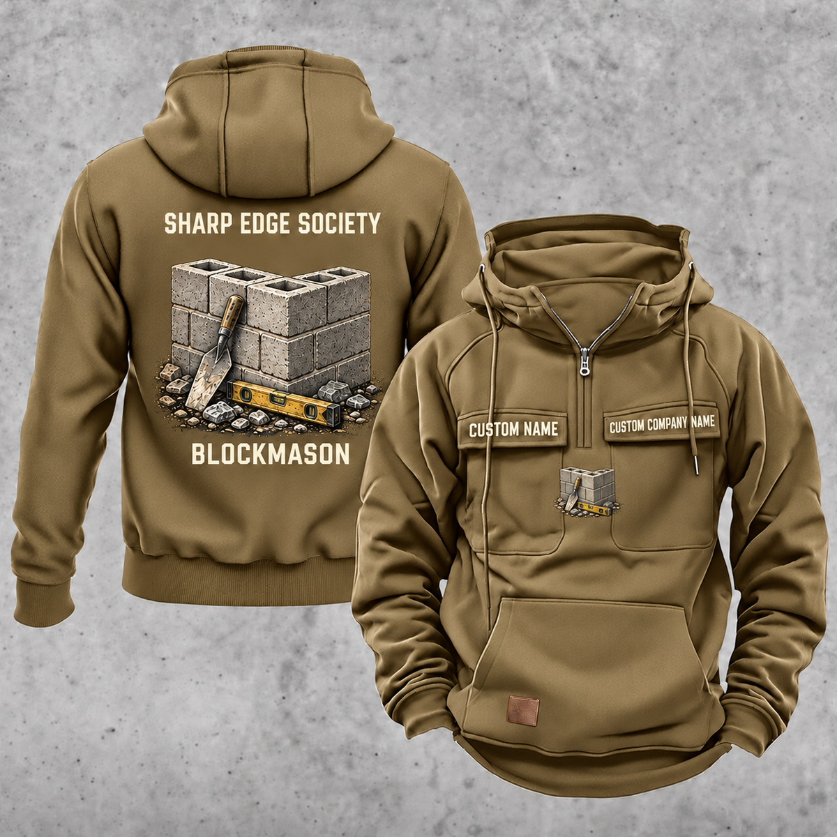 Blockmason Sharp Edge Society Vintage Hoodie Khaki front and back