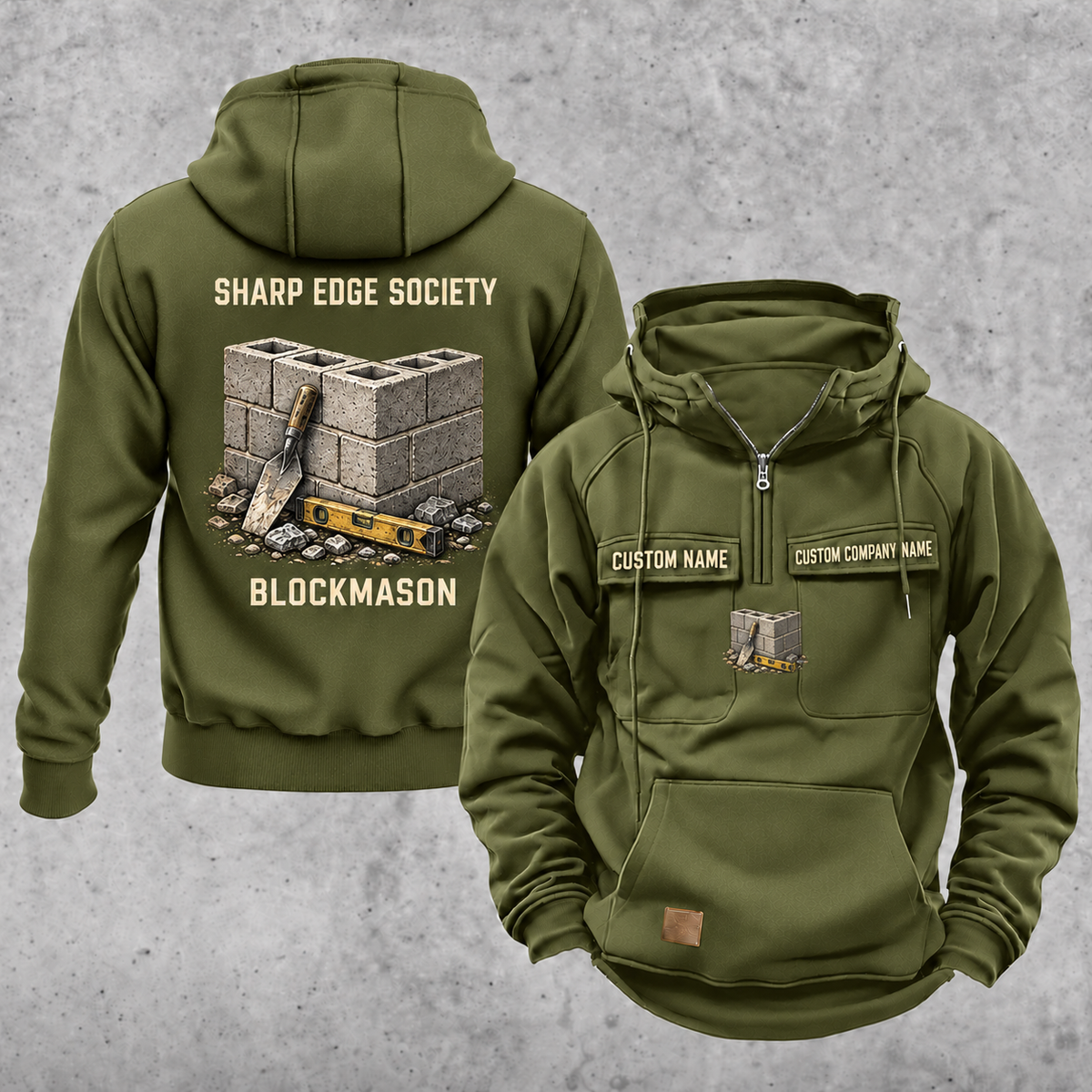 Blockmason Sharp Edge Society Vintage Hoodie Olive Green front and back