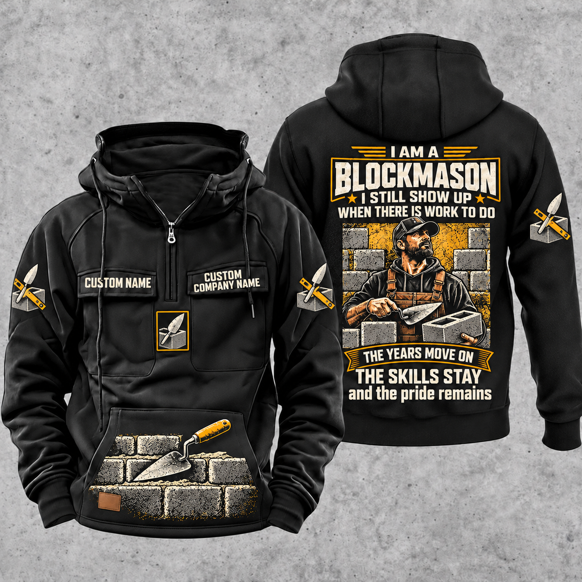 Blockmason Skills and Pride Vintage Hoodie Black front and back