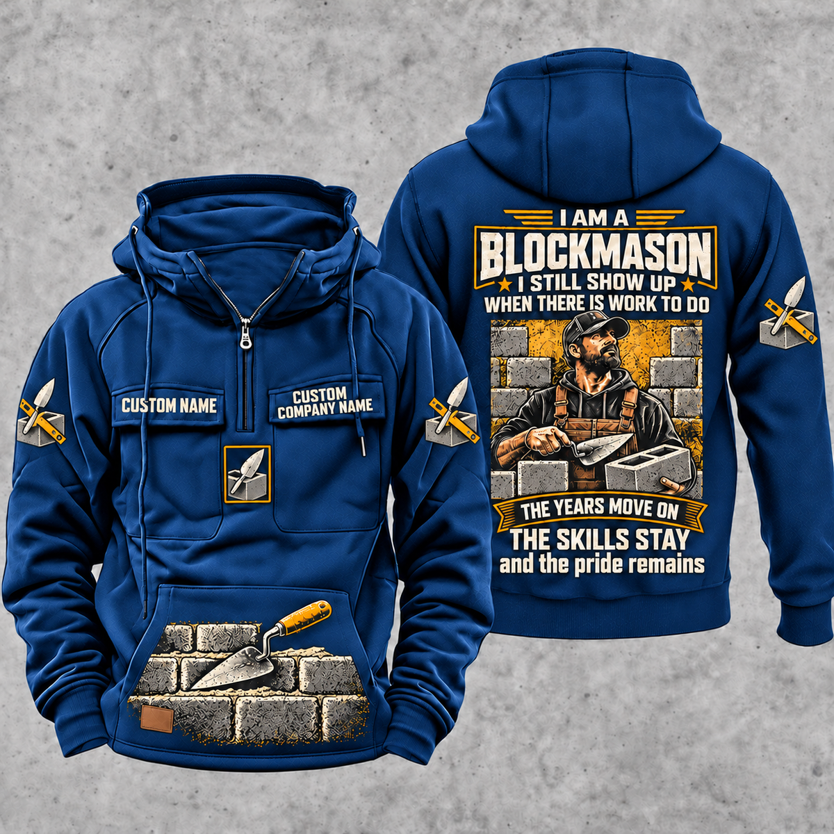 Blockmason Skills and Pride Vintage Hoodie Dark Blue front and back