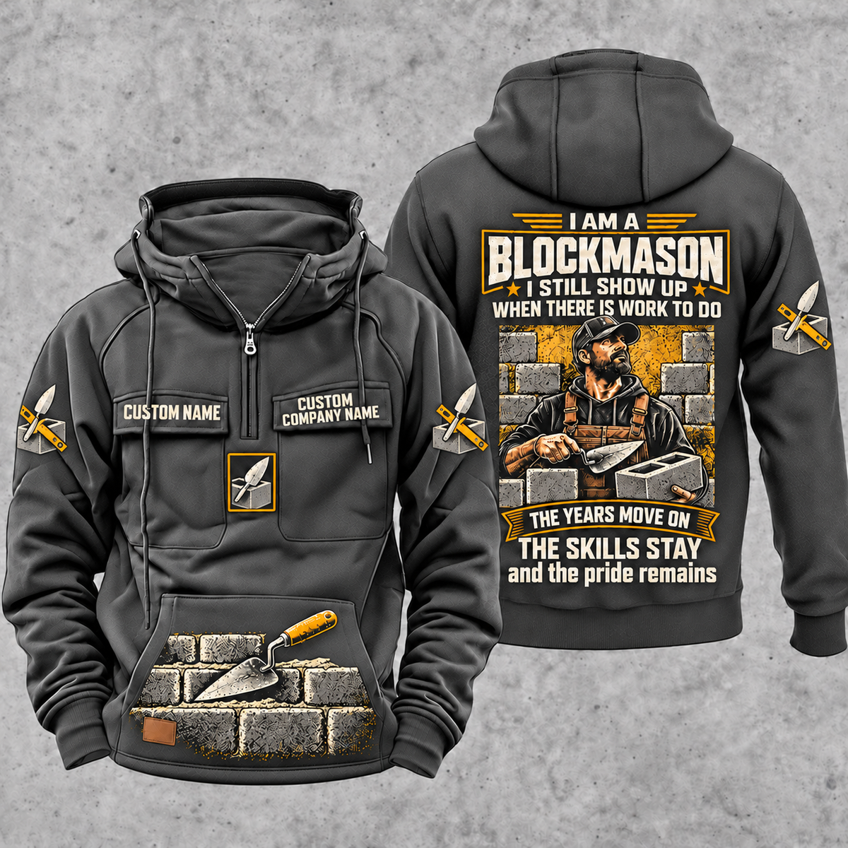Blockmason Skills and Pride Vintage Hoodie Dark Gray front and back