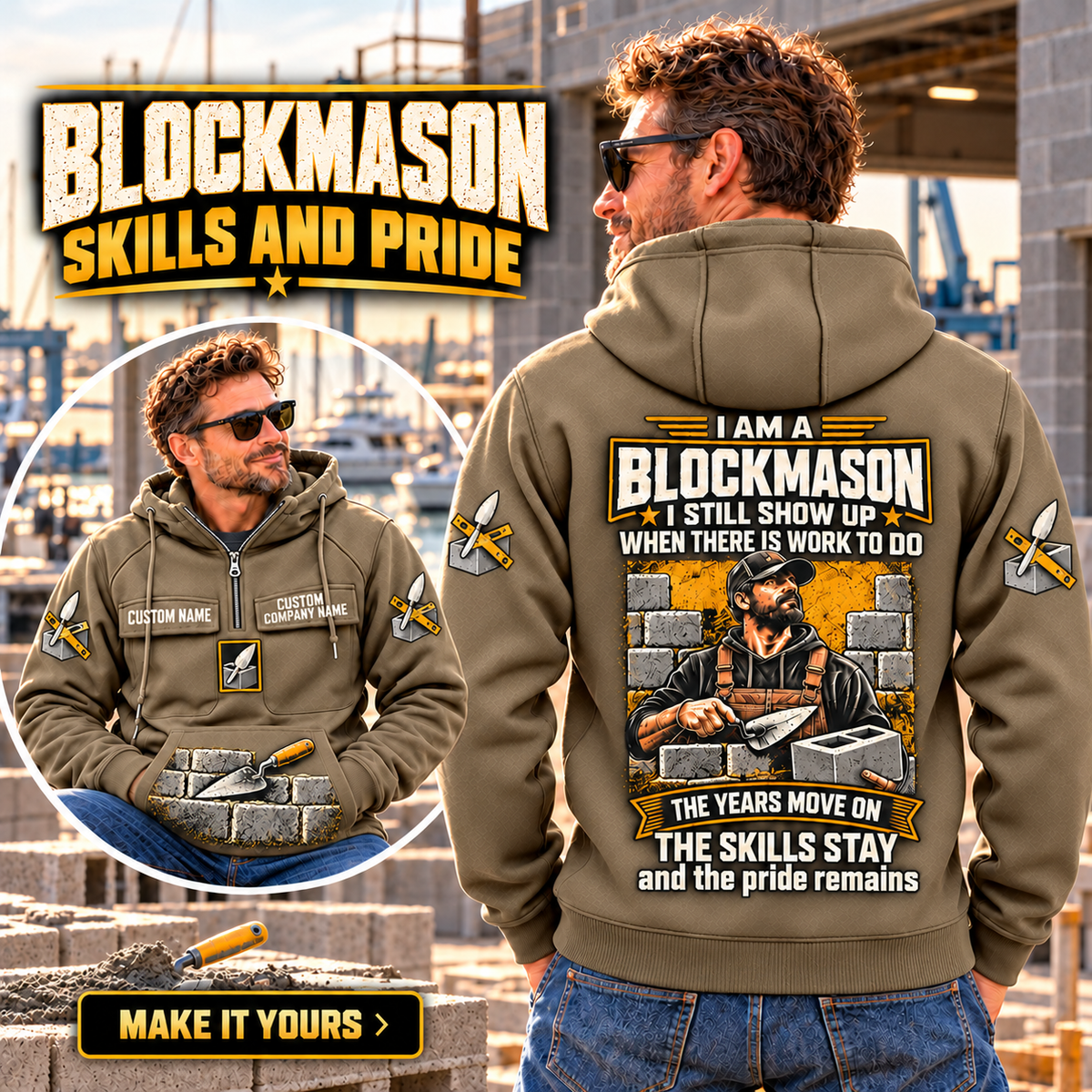 Blockmason Skills and Pride Vintage Hoodie Kaki listing hero