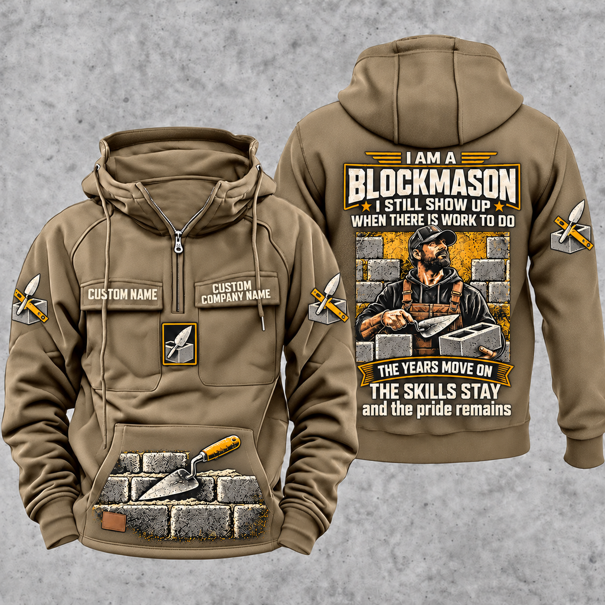 Blockmason Skills and Pride Vintage Hoodie Kaki front and back