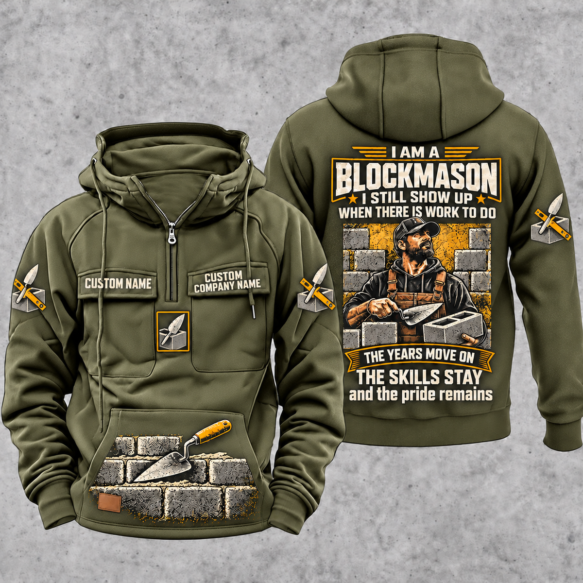 Blockmason Skills and Pride Vintage Hoodie Military Green front and back