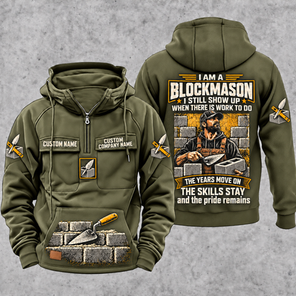 Blockmason Skills and Pride Vintage Hoodie Military Green front and back