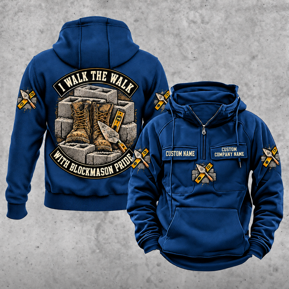 Blockmason Walk the Walk Badge Vintage Hoodie Dark Blue front and back