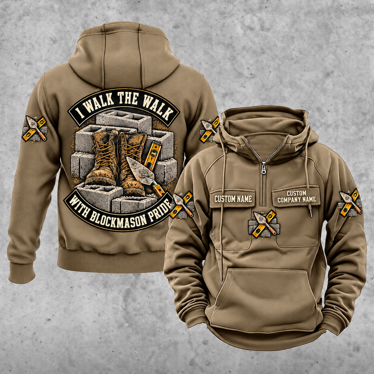 Blockmason Walk the Walk Badge Vintage Hoodie Kaki front and back