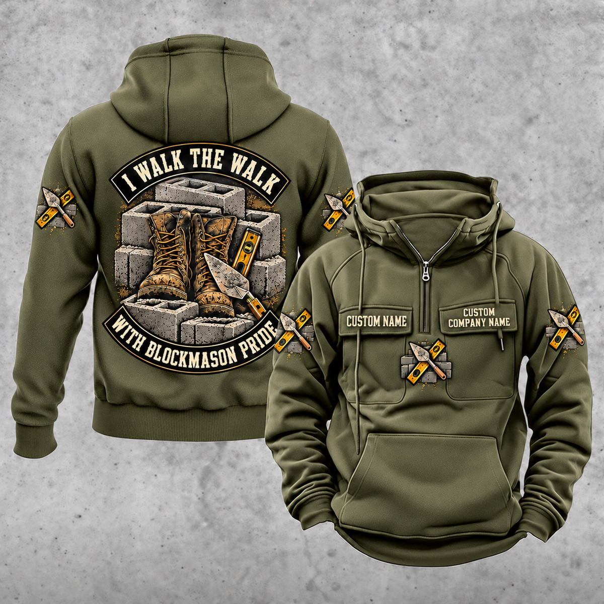 Blockmason Walk the Walk Badge Vintage Hoodie Military Green front and back