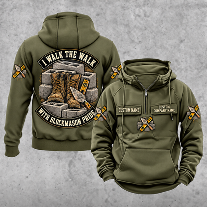 Blockmason Walk the Walk Badge Vintage Hoodie Military Green front and back
