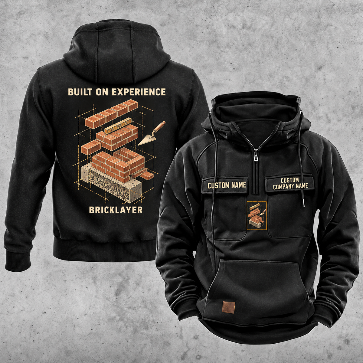Bricklayer Built on Experience Vintage Hoodie Black front and back