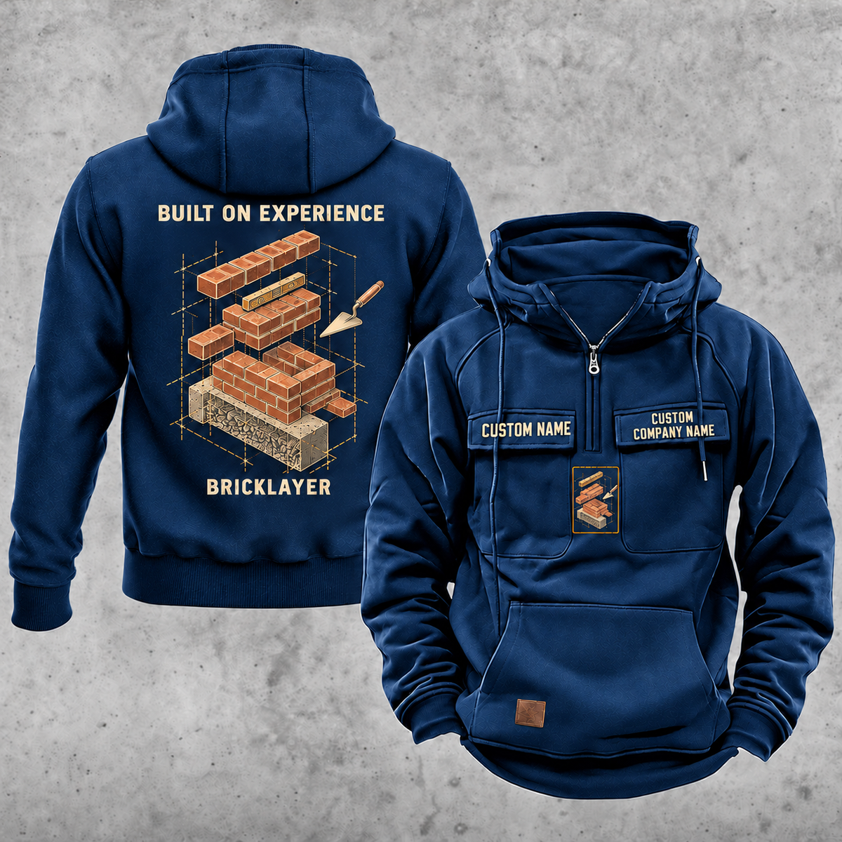 Bricklayer Built on Experience Vintage Hoodie Dark Blue front and back