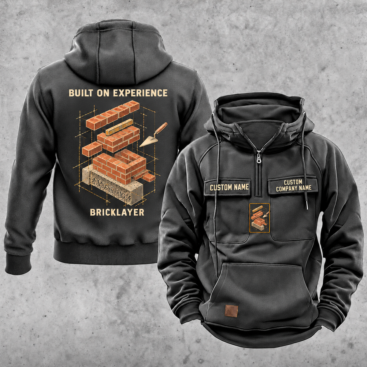 Bricklayer Built on Experience Vintage Hoodie Dark Gray front and back