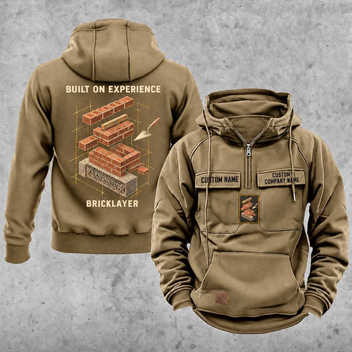 Bricklayer Built on Experience Vintage Hoodie Khaki front and back