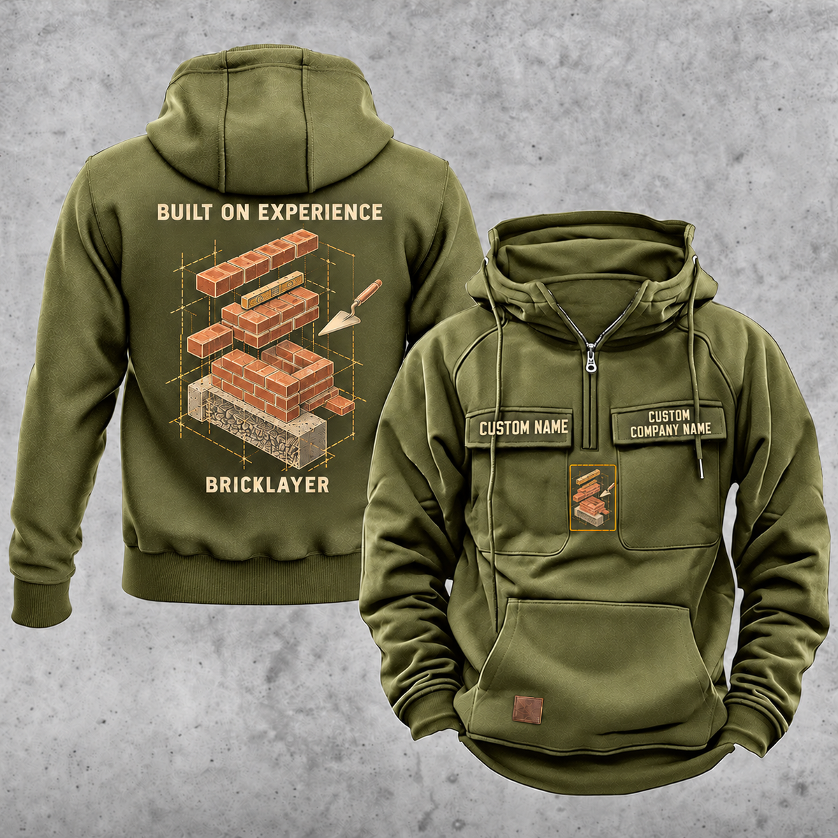 Bricklayer Built on Experience Vintage Hoodie Olive Green front and back
