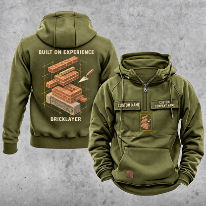 Bricklayer Built on Experience Vintage Hoodie Olive Green front and back
