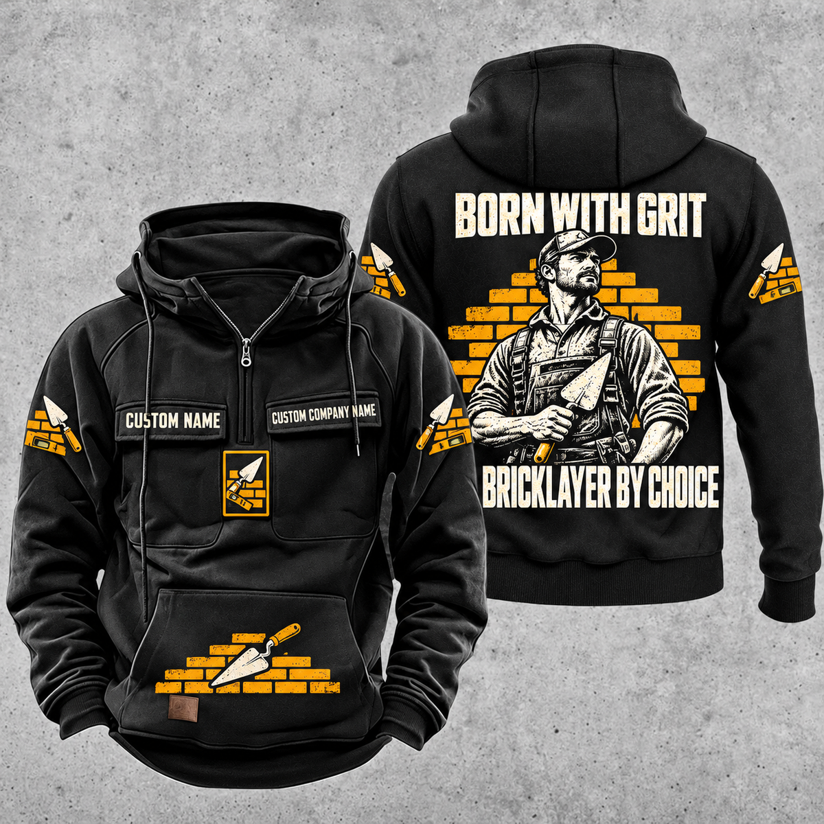 Bricklayer By Choice Vintage Hoodie Black front and back