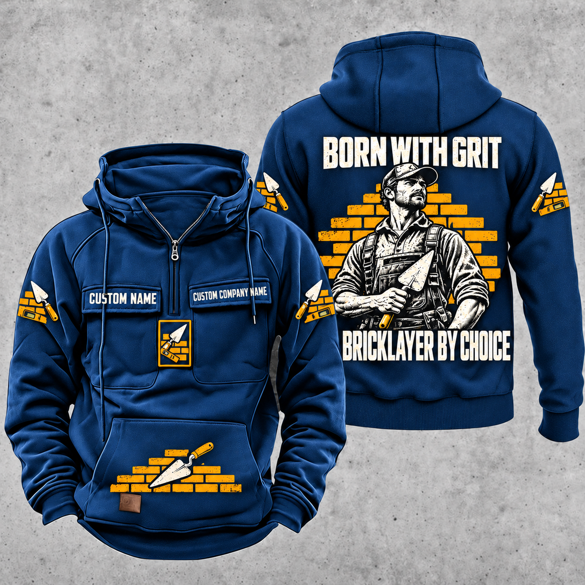 Bricklayer By Choice Vintage Hoodie Dark Blue front and back