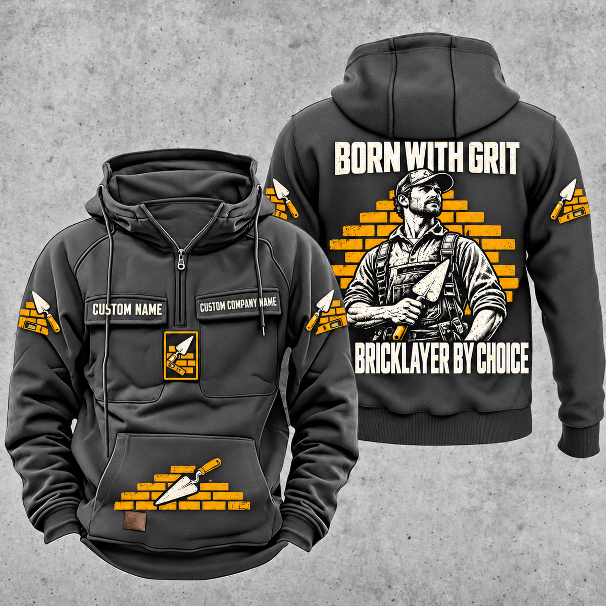 Bricklayer By Choice Vintage Hoodie Dark Gray front and back