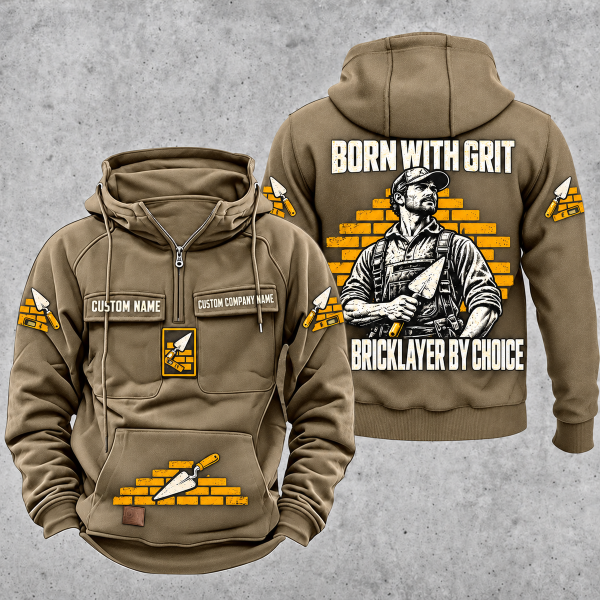 Bricklayer By Choice Vintage Hoodie Kaki front and back