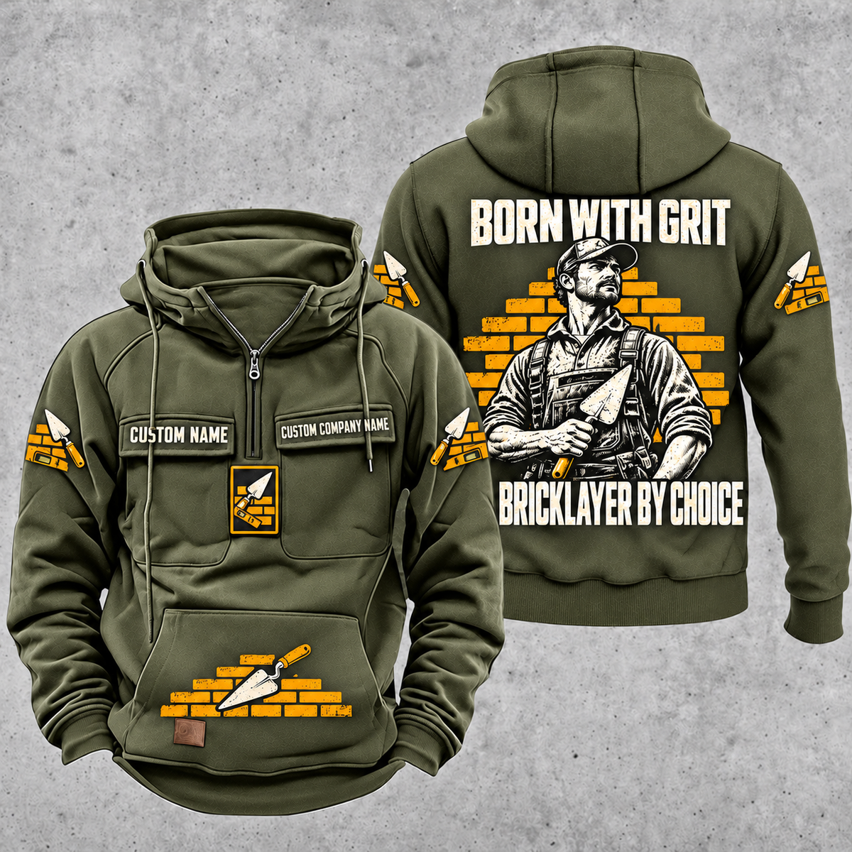 Bricklayer By Choice Vintage Hoodie Military Green front and back