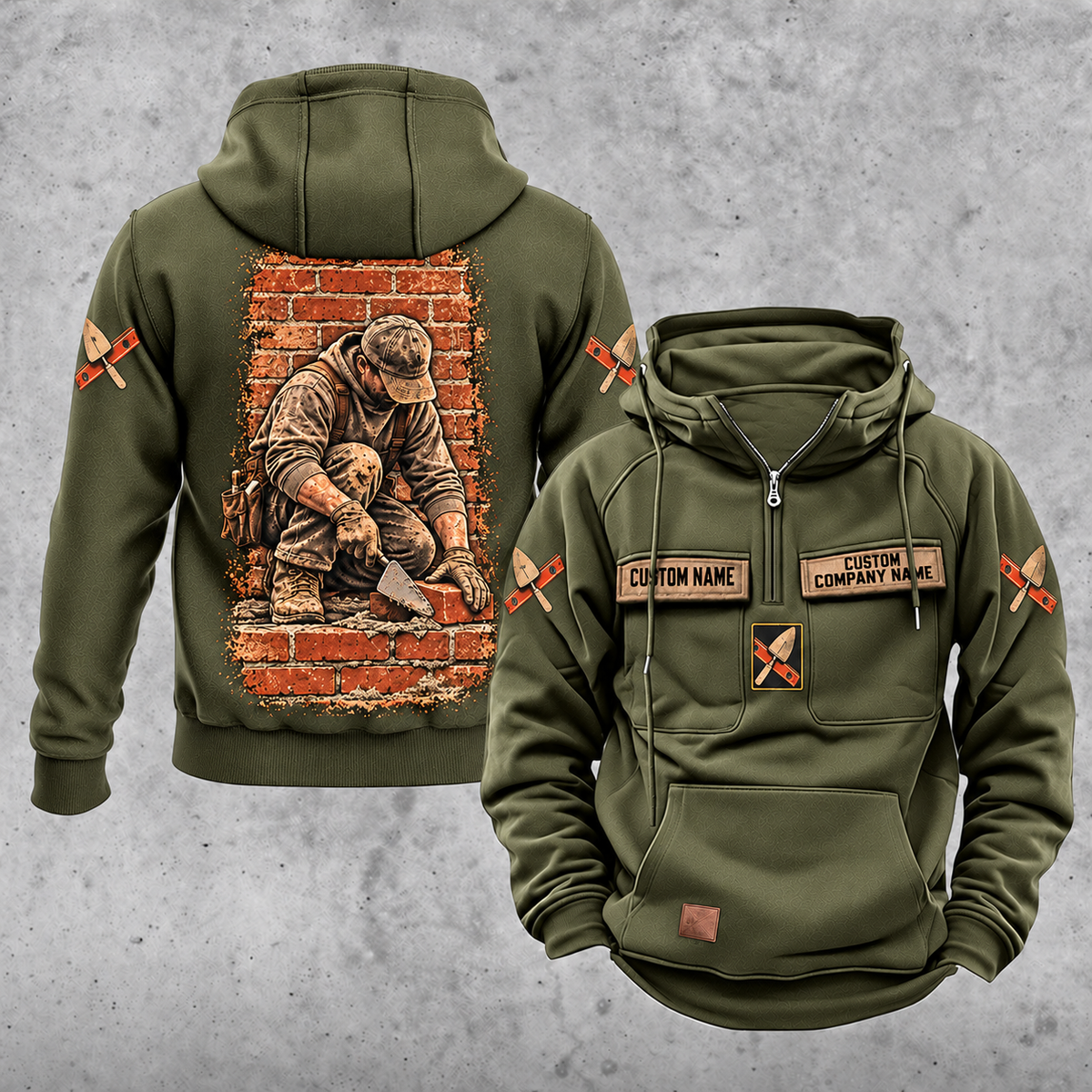 Bricklayer Daily Commitment Portrait Vintage Hoodie Military Green front and back
