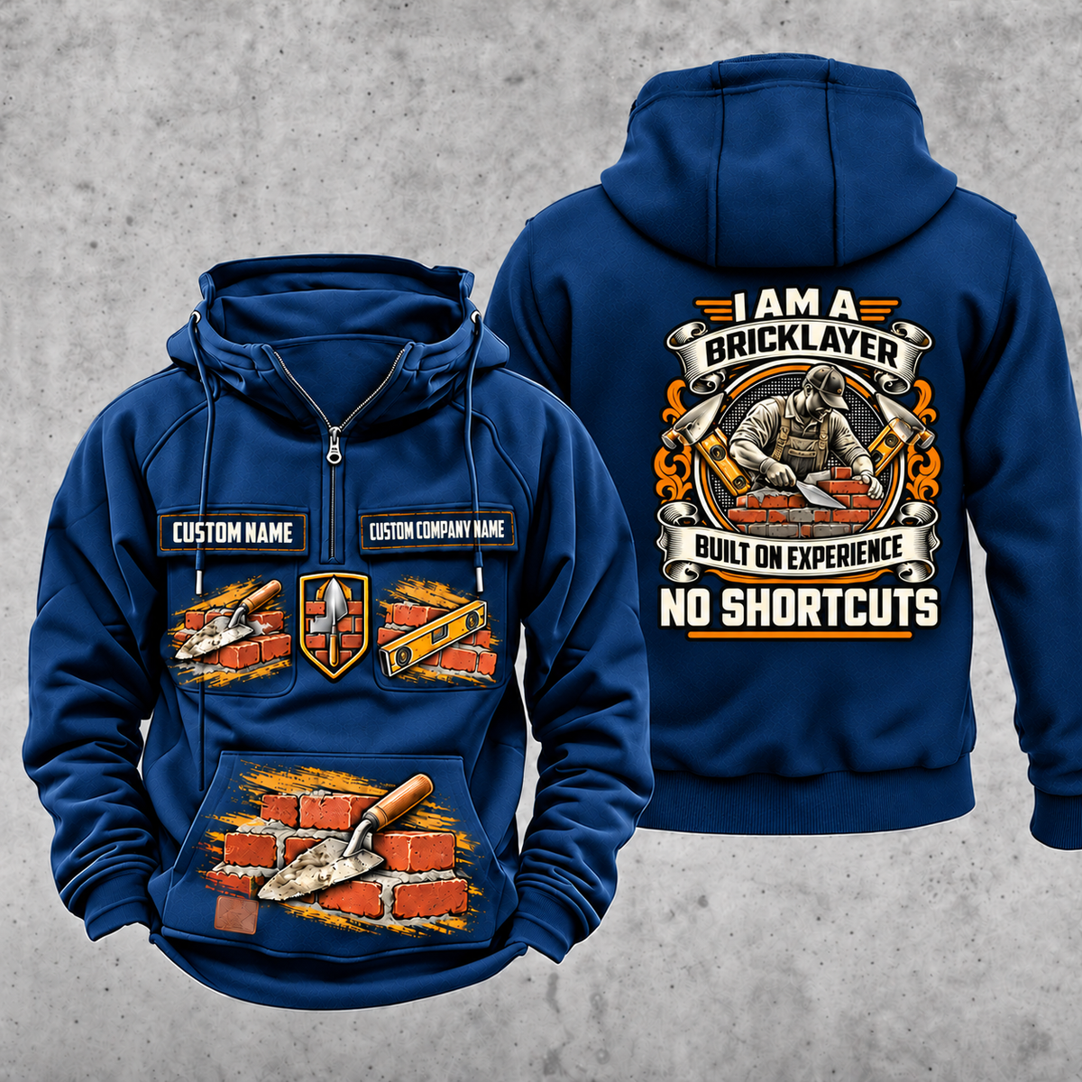 Bricklayer Heritage Crest Vintage Hoodie Dark Blue front and back