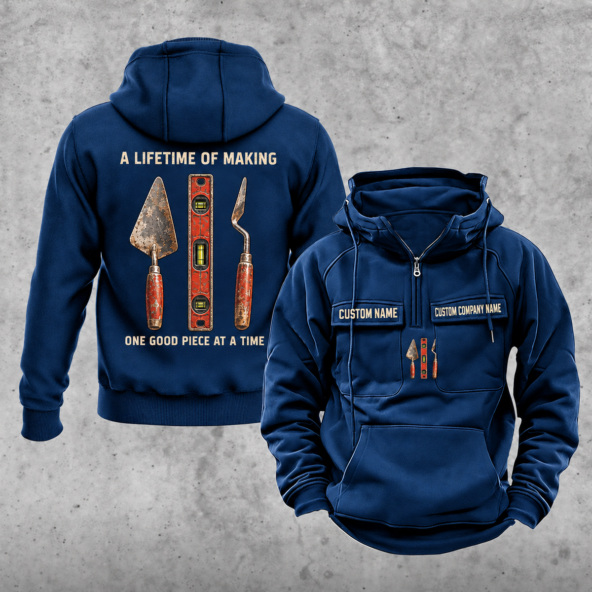 Bricklayer Lifetime of Making Vintage Hoodie Dark Blue front and back