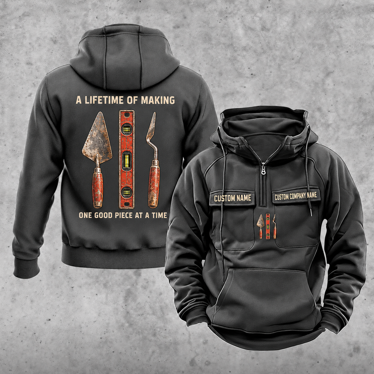 Bricklayer Lifetime of Making Vintage Hoodie Dark Gray front and back