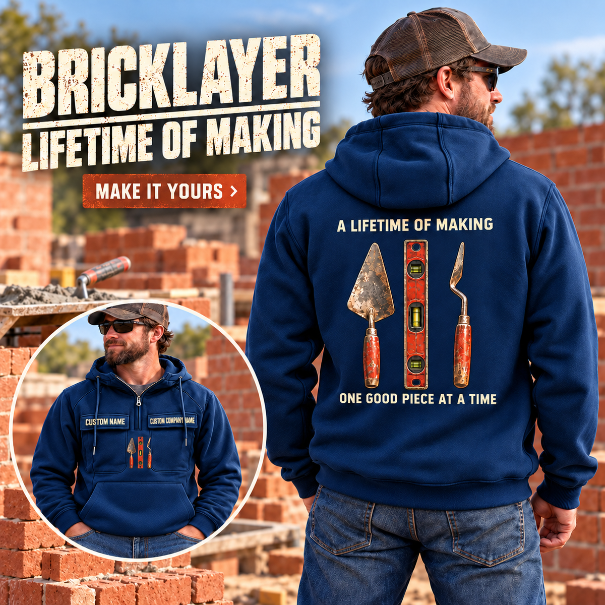 Bricklayer Lifetime of Making Vintage Hoodie Dark Blue listing hero