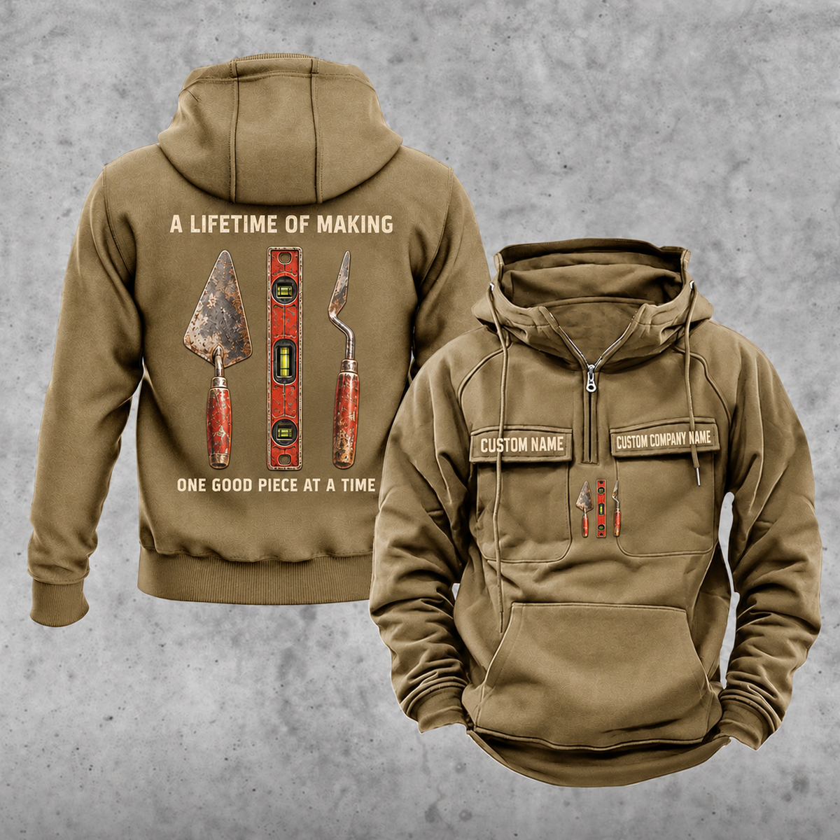 Bricklayer Lifetime of Making Vintage Hoodie Khaki front and back