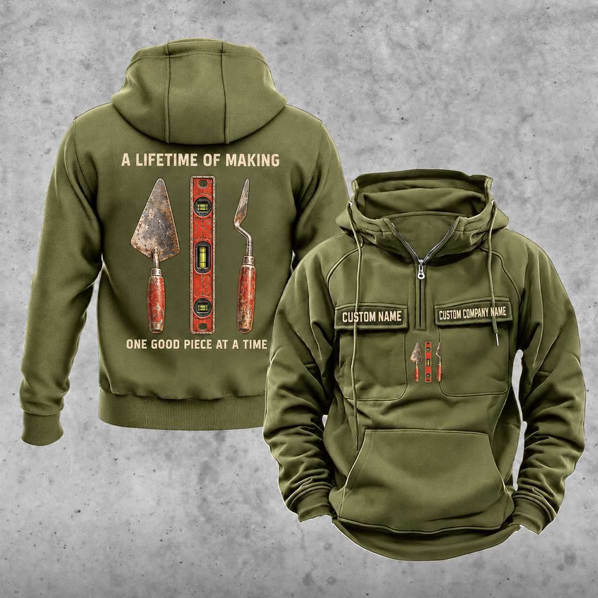 Bricklayer Lifetime of Making Vintage Hoodie Olive Green front and back
