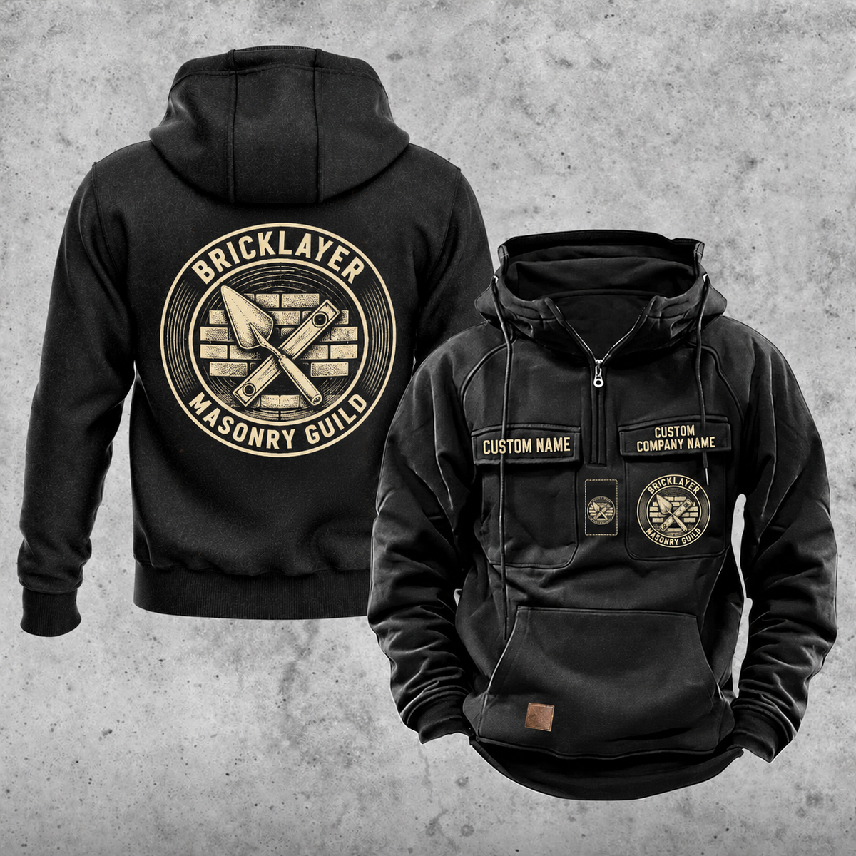 Bricklayer Masonry Guild Vintage Hoodie Black front and back