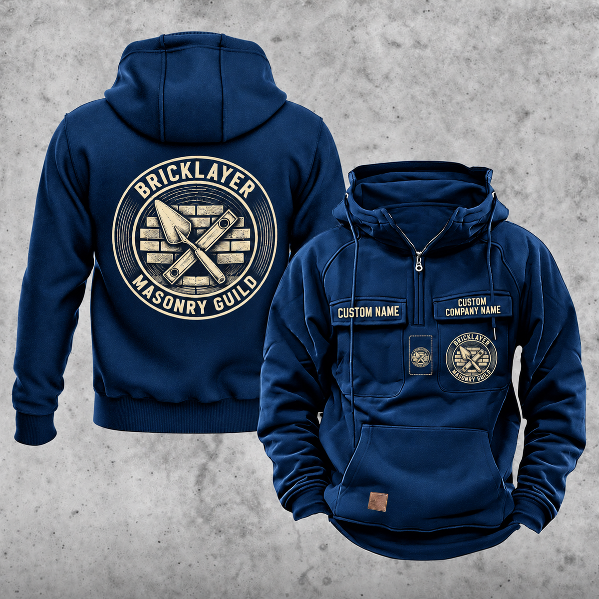 Bricklayer Masonry Guild Vintage Hoodie Dark Blue front and back